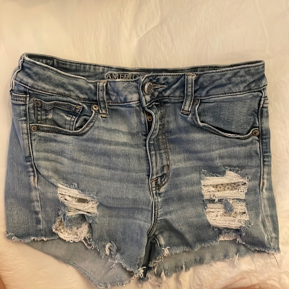 American Eagle denim jean shorts hi rise shortie size 10 AE denim jean shorts